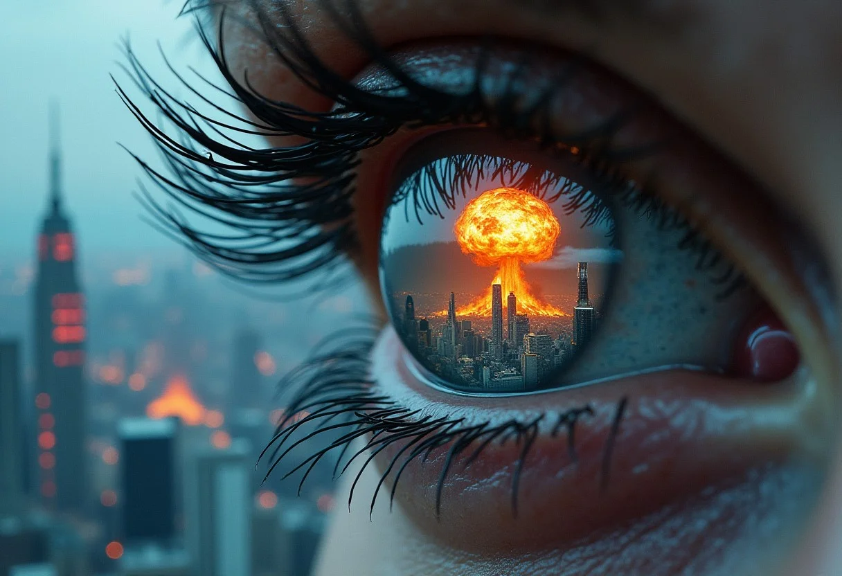 Create an image where the viewer is looking into a human eye. (man) In the eye's reflection, depict a futuristic and war-torn world. The landscape should be overrun with advanced AI technology, such as towering robots, autonomous drones, and dilapidated buildings covered in digital advertisements and holograms. The overall mood should be dark and dystopian, with a cold, metallic color palette and hints of destruction. The eye itself should appear a nuclear explosion but with a hint of artificial enhancement, like a glowing cybernetic iris