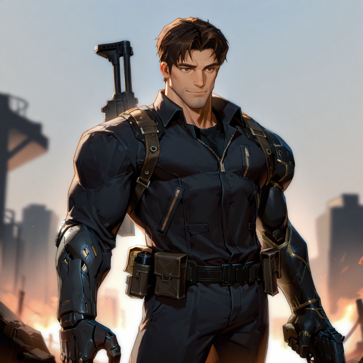 <lora:WINTER_SOLDIER_TB-05(1):.7>, >buki, male focus, solo, short hair, brown hair, 1boy, gloves, handsome, smile, holding, closed mouth, (open jacket), male focus, weapon, outdoors, ((one mechanical arm)), open fly, black gloves, belt, fingerless gloves, holding weapon, gun, holding gun, shotgun, ((single mechanical arm)), curtained hair, utility belt, pouch, submachine gun, dynamic view
cowboy shot, 
(very short hair, beard, bara, mature, facial hair, stubble, beard, full beard, sideburn, beard, a lot of beard, ), facial hair,male focus, muscular male, muscular male, bara, mature,  bara, mature, aixiwuganda_(20222192), very awa, masterpiece, best quality, absurdres, newest, perfect quality, detailed background, intricate details,
<lora:slider_Body Type_alpha1.0_rank4_noxattn_last:3><lora:Anime Summer Days 2 Style SDXL_LoRA_Pony Diffusion V6 XL:.6><lora:slider_cfg_scale_boost:.7><lora:Artist6p:.55>, Artist6p, Artist04p,<lora:slider_il_brightness_slider_d1:-1><lora:slider_il_contrast_slider_d1:-1><lora:slider_DarkSlider1.2_alpha1.0_rank16_full_300steps:-.6>