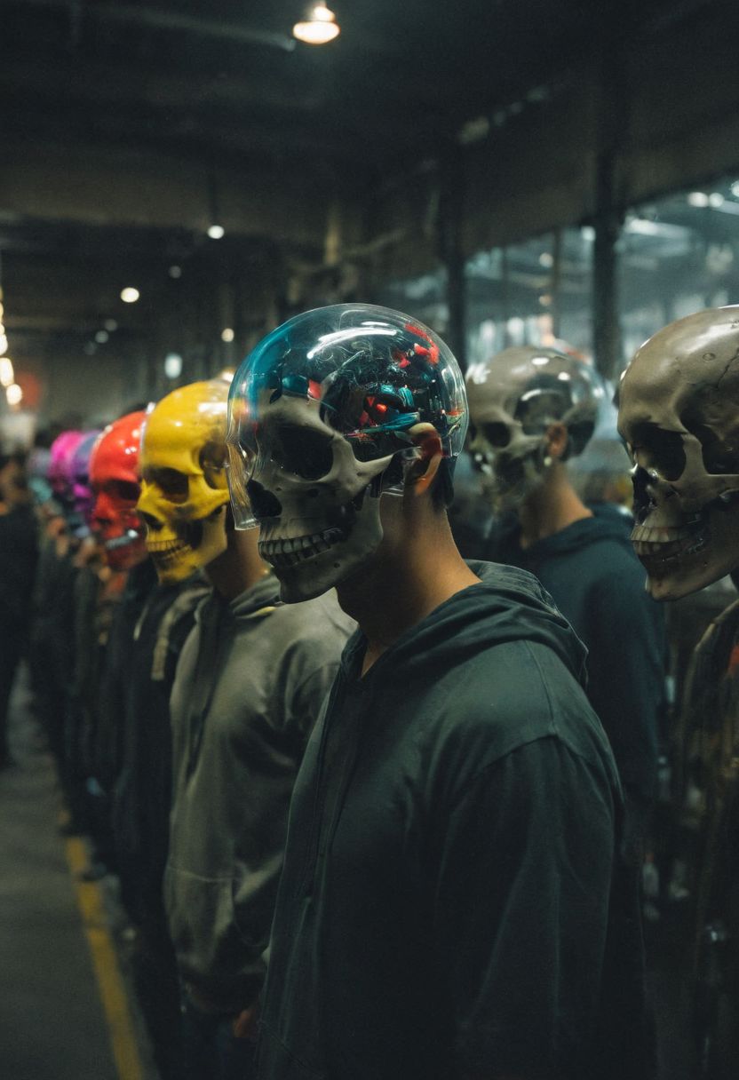 Capture the essence of contrast: In a bleak, dystopian factory, a faceless, grey figures toils monotonously. standing in a row side view, Yet, within its transparent head resides a vibrant, colorful being small, lively, and bursting with creativity. As the figure works, the tiny inhabitant pounds against the transparent skull from within, a poignant symbol of inner turmoil amidst outward conformity.
atmospheric haze, Film grain, cinematic film still, shallow depth of field, highly detailed, high budget, cinemascope, moody, epic, OverallDetail, gorgeous, 2000s vintage RAW photo, photorealistic, candid camera, color graded cinematic, eye catchlights, atmospheric lighting, skin pores, imperfections, natural, shallow dof