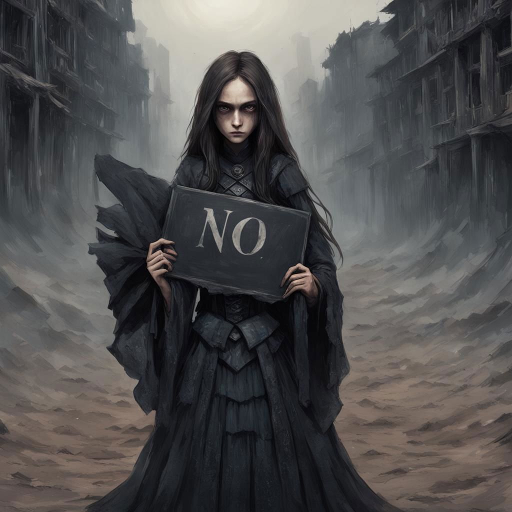 (((Ultra detailed, Megapixel)))
1girl, (((holding out a sign with text "NO"))), by charlie bowater and dan mumford and trevor Brown, hands, terror, gloomy, dark, blank face, no face, wasteland background, no mouth, no eyes, long hair