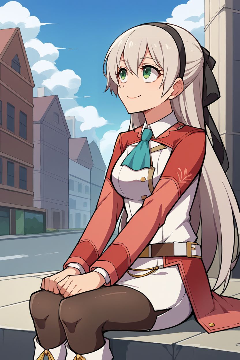 score_9, score_8_up, source_anime, 1girl  BREAK <lora:elie-pdxl-nvwls-v1-000006:1> zeroElie, black hairband, hair ribbon, long hair, ascot, uniform, long red sleeves, white dress, pencil skirt, belt, pantyhose, white boots, sitting, blue sky, looking up, smile, city street