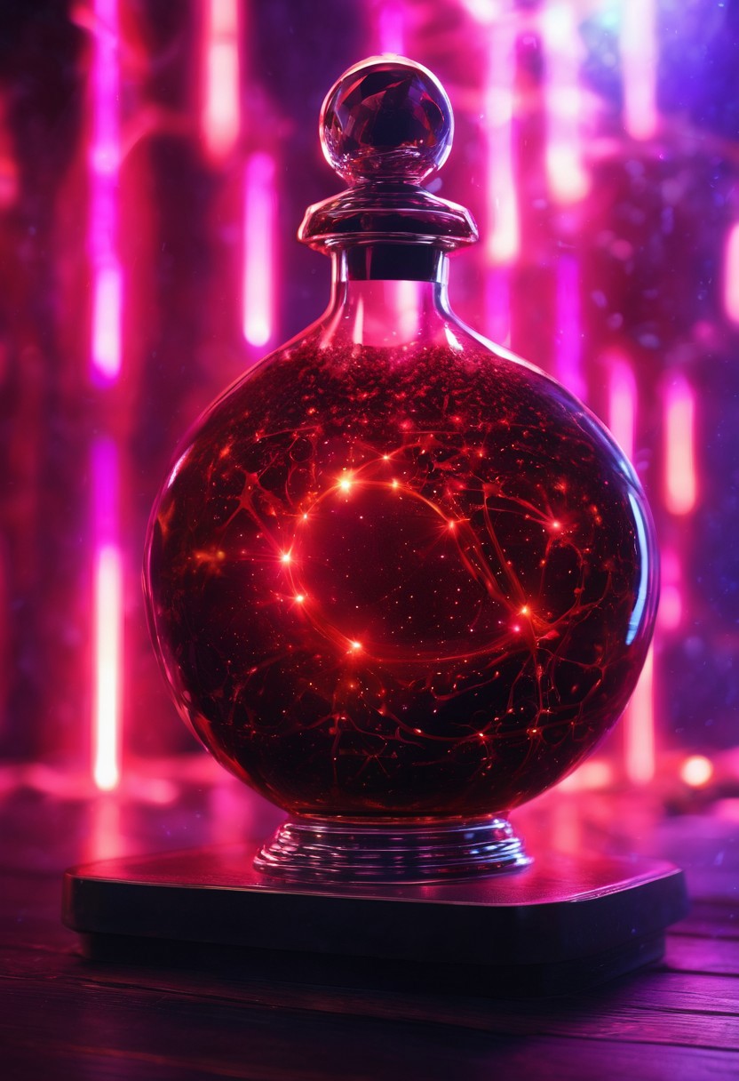 Score_9, Score_8, high_def, highest quality, 4k, best quality, masterpiece, focused, defined, Photorealistic magic potion, intricate glass bottle, elixir, deep red colors, neon purple streaks, ethereal light, flashy lights, magic lights, luminous, dynamic reflections, magical aura, highly detailed, fantasy essence, glowing particles, radiant aura