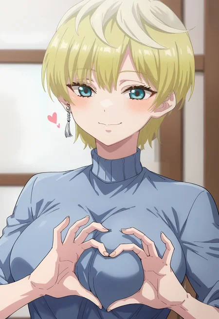 <lora:Tenka Izumo:1> tenka izumo, blonde_hair, short_hair, blue_eyes, 1girl, solo, earrings, jewelry,large_breasts , <lora:_sdxl-boobheart-pony:0.8>boobheart, heart hands,  Press own breast, score_9, score_8_up, score_7_up, , anime coloring ,BREAK source_anime, anime