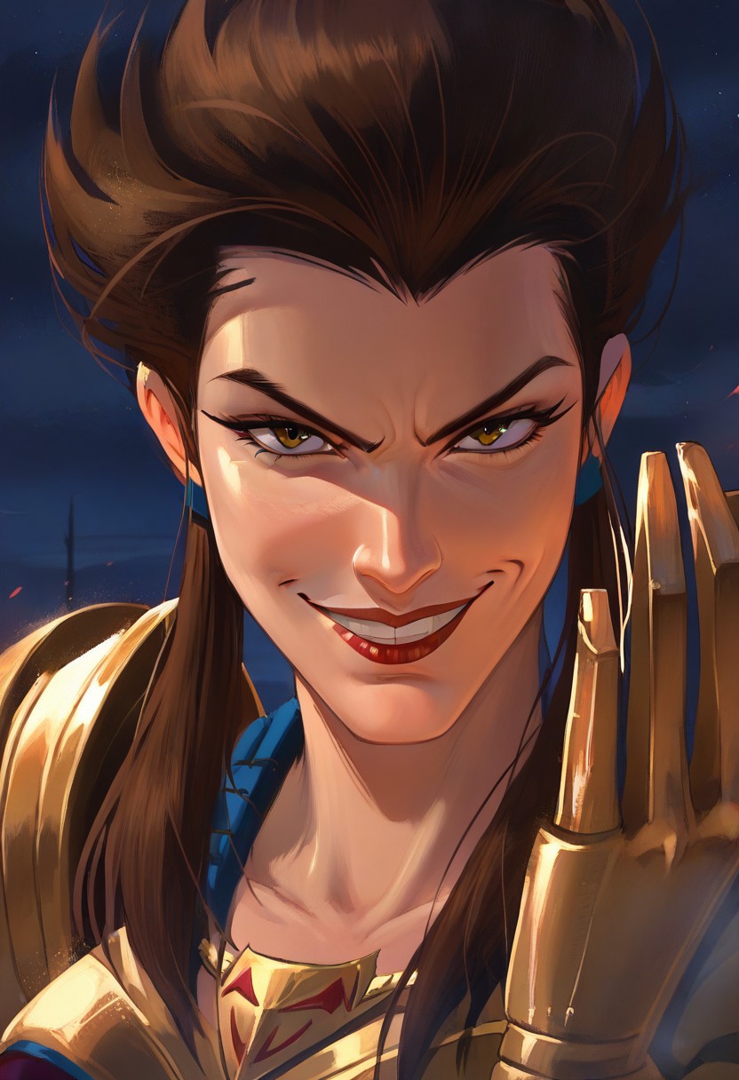 score_9, score_8_up, score_7_up, 1girl, solo, hy3nagarg, armor, night, brown hair, close up, evil smirk,