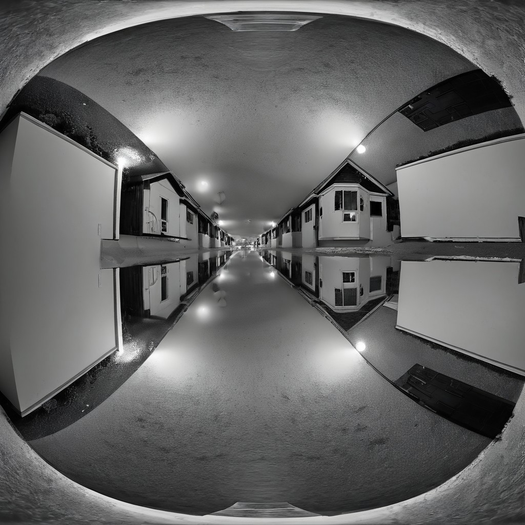 liminal, suburban liminal, suburban, an empty suburban environment, vanishing point, depth of field, fisheye lens, snow, neighborhood, indoors, looking out window, garage, symmetrical, abstract, split image, creepy, greyscale, night, day, sunrise, sunset, beautiful, masterpiece, offset