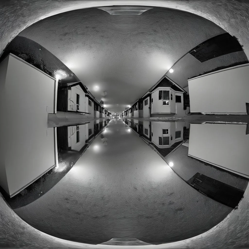liminal, suburban liminal, suburban, an empty suburban environment, vanishing point, depth of field, fisheye lens, snow, neighborhood, indoors, looking out window, garage, symmetrical, abstract, split image, creepy, greyscale, night, day, sunrise, sunset, beautiful, masterpiece, offset