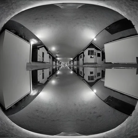 liminal, suburban liminal, suburban, an empty suburban environment, vanishing point, depth of field, fisheye lens, snow, neighborhood, indoors, looking out window, garage, symmetrical, abstract, split image, creepy, greyscale, night, day, sunrise, sunset, beautiful, masterpiece, offset