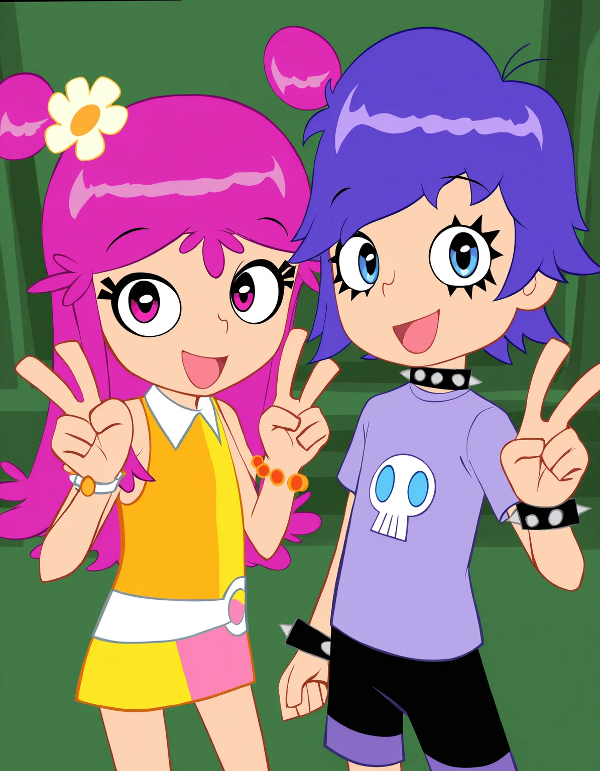 <lora:Ami.YumiIllustrious1.0JLFO:1> ami, yumi, purple hair, hair flower, short hair, 2girls,, shirt, pink eyes, blue eyes, pink hair, spiked bracelet, spikes,looking at viewer, v,open mouth,, masterpiece, best quality, amazing quality, very aesthetic, absurdres,looking at viewer, cowboy shot, smile,