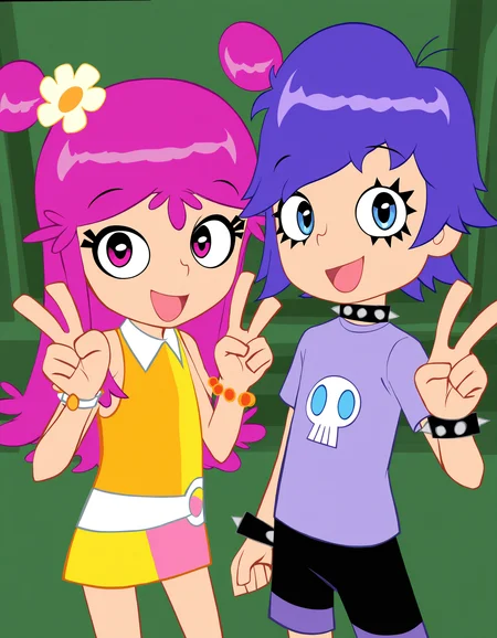 <lora:Ami.YumiIllustrious1.0JLFO:1> ami, yumi, purple hair, hair flower, short hair, 2girls,, shirt, pink eyes, blue eyes, pink hair, spiked bracelet, spikes,looking at viewer, v,open mouth,, masterpiece, best quality, amazing quality, very aesthetic, absurdres,looking at viewer, cowboy shot, smile,