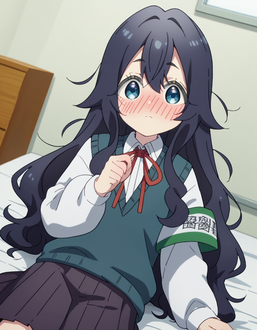 score_9, score_8_up, score_7_up, source_anime,
shizukayoshimoto, <lora:shizuka-yoshimoto-s1-ponyxl-lora-nochekaiser:1>,
shizuka yoshimoto, long hair, bangs, blue eyes, black hair, hair between eyes, wavy hair,
skirt, shirt, ribbon, school uniform, white shirt, pleated skirt, red ribbon, neck ribbon, armband, sweater vest,
indoors, bed, bed room, on side, blush, drunk,
looking at viewer, cowboy shot, dutch angle, solo,