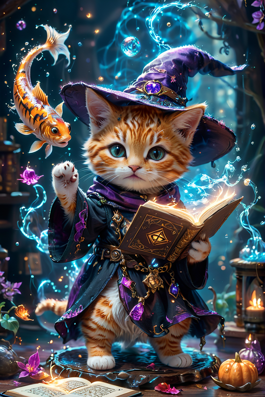 A hyper-detailed and ultra-high-definition scene depicting a magical world where a cute kitten is casting spells to summon fish from a magic book. The kitten, perfectly rendered with accurate anatomy and incredible detail, is dressed in an adorable witch's robe and hat. The kitten is holding a magic book in one paw, from which fish are jumping into the air, surrounded by a flow of magical energy. The scene captures the whimsical and enchanting atmosphere, with the kitten's full body in view, exuding a kawaii charm.
hyper-detailed, ultra-high-definition, magical world, cute kitten, accurate anatomy, witches robe, witches hat, magic book, spellcasting, fish in the air, energy flow, whimsical, enchanting, kawaii, adorable, masterpiece, amazing quality, best quality. (flying fish:1.3),
white clothes, white hat.
<lora:Fantasy_Wizard__Witches_SDXL:0.75>, hkmagic,
<lora:add-detail-xl:1.0>,
<lora:EnvyBetterHiresFixXL01:1.0>,
<lora:extremely_detailed:1.0>, extremely detailed,
<lora:glowneon_xl_v1:0.6> glowneon, glowing,
<lora:EldritchMixIllustration_1.1:0.25>,
<lora:SDXLFaeTastic2400:0.45>,