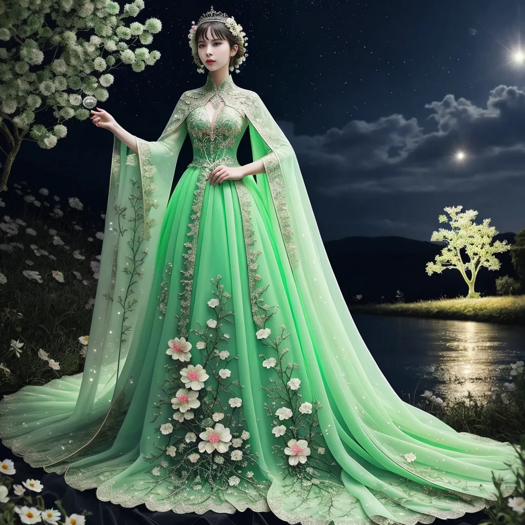 original, (masterpiece), (illustration), (extremely fine and beautiful), (perfect details), (beautiful and clear background:1.25), (depth of field:0.7), (stands aside the river:1.15). (cute:1.3), (detailed beautiful eyes:1.3), (beautiful face:1.3), silver hair, silver ear, (pink hair:0.7), (pink ear:0.7), long hair, (hair blowing with the wind:1.1), (blue eye:1.1), (female internet celebrity:1.2), butterflys flying around, (moon light:0.6), tree, (summer), (night:1.2), (close-up:0.35), (gloves:0.8), solo,full body,hjy, a green dress with a long train and a cape<lora:hjy-10:0.7>