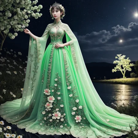 original, (masterpiece), (illustration), (extremely fine and beautiful), (perfect details), (beautiful and clear background:1.25), (depth of field:0.7), (stands aside the river:1.15). (cute:1.3), (detailed beautiful eyes:1.3), (beautiful face:1.3), silver hair, silver ear, (pink hair:0.7), (pink ear:0.7), long hair, (hair blowing with the wind:1.1), (blue eye:1.1), (female internet celebrity:1.2), butterflys flying around, (moon light:0.6), tree, (summer), (night:1.2), (close-up:0.35), (gloves:0.8), solo,full body,hjy, a green dress with a long train and a cape<lora:hjy-10:0.7>