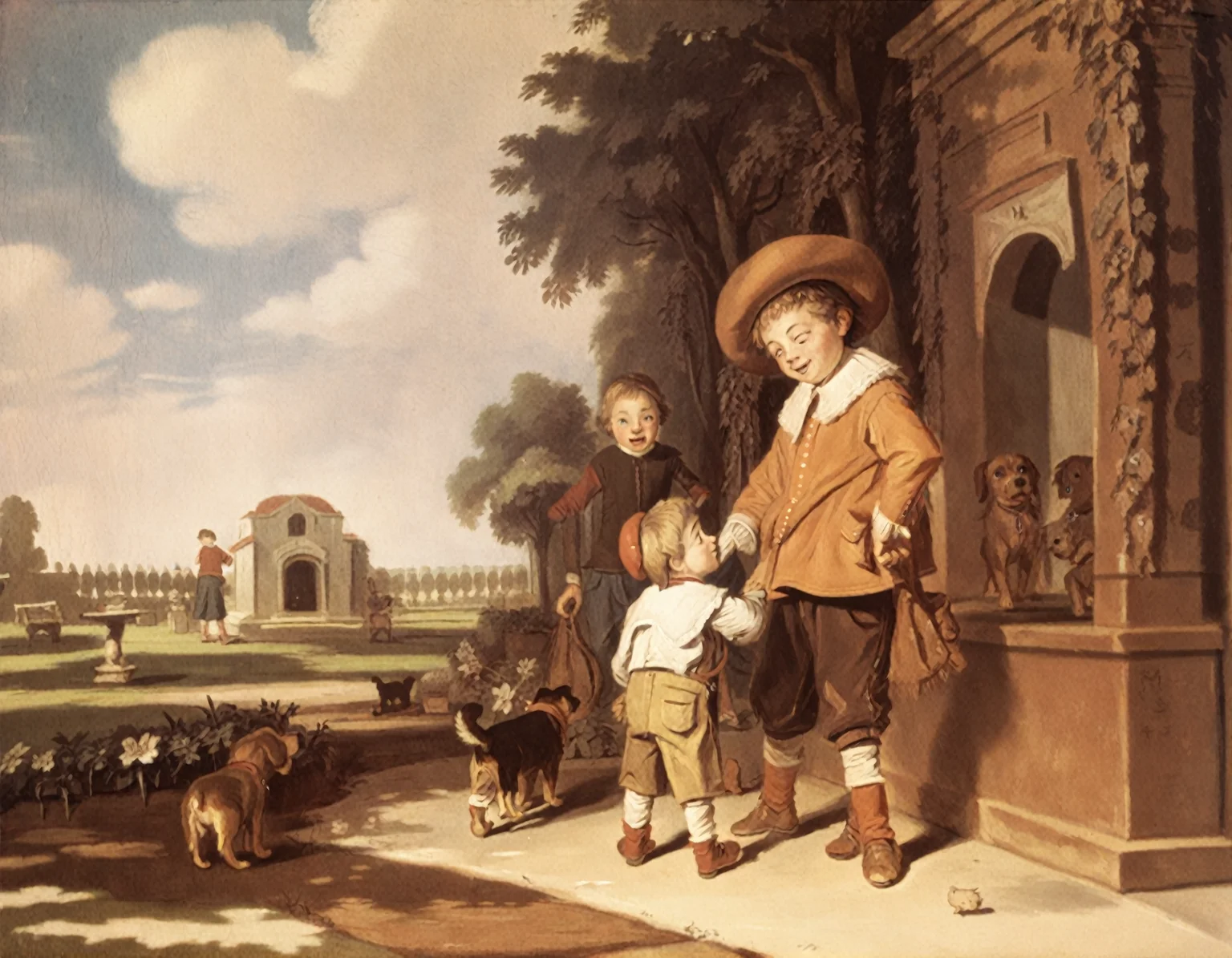 <lora:frans-hals_pony_v3:1> ' puppies ' by Hals Frans in 1633, portrait \(genre\), Baroque \(style\), young boys with dogs in a garden, score_9, score_6_up, score_7_up