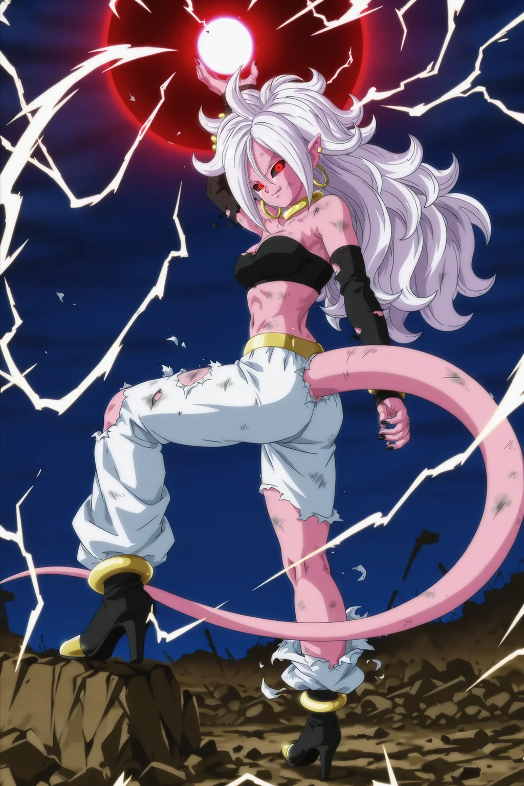 anime screencap, absurdres, high quality, official style,
android 21, majin, official style, 1girl, solo, long hair, white hair, colored sclera, red eyes, breasts, medium breasts, smile, licking lips, tail, colored skin, pink skin, looking at viewer, night, hoop earrings, earclip, pointy ears, gold choker, bare shoulders, collarbone, black tube top, cleavage, detached sleeves, black sleeves, midriff, navel, gold belt, tail through clothes, baggy pants, white bottomwear, pants tucked in, anklet, high heel boots, black footwear, two tone footwear, standing, full body, knee up, foot up, destruction, torn clothes, arm up, arm at side, energy ball, lightning, torn pants, destroyed clothing, dirty, rubble, wasteland, nail polish, ((kneepits)), exploding clothing, from side, glowing eyes, looking back,
<lora:Android_21_IL:0.8>