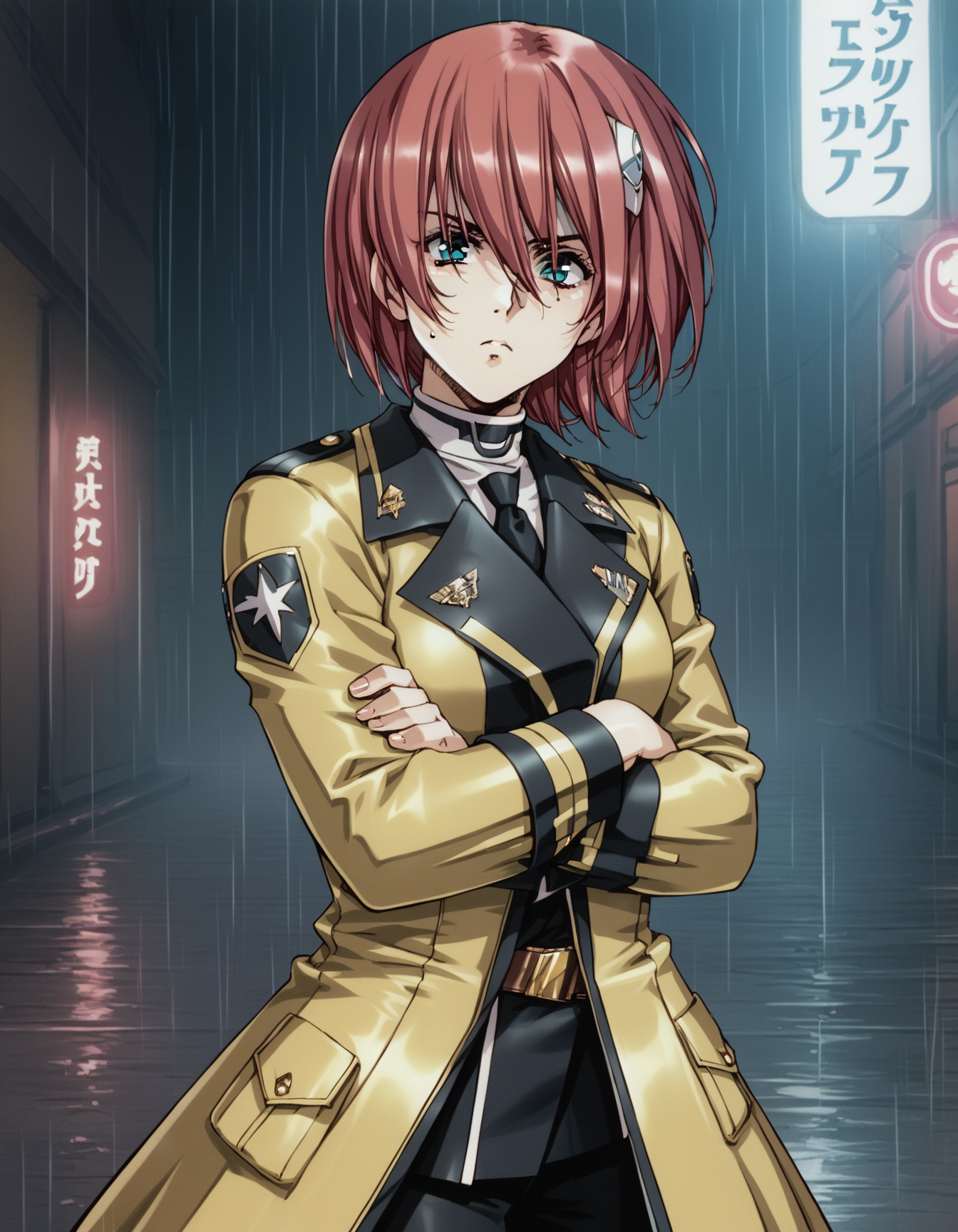 score_9,  score_8_up, score_7_up
<lora:elessa-ponyxl-000130:1> elessa, 
1girl, solo, military uniform, yellow coat, handgun, serious, night, rain, neon lights