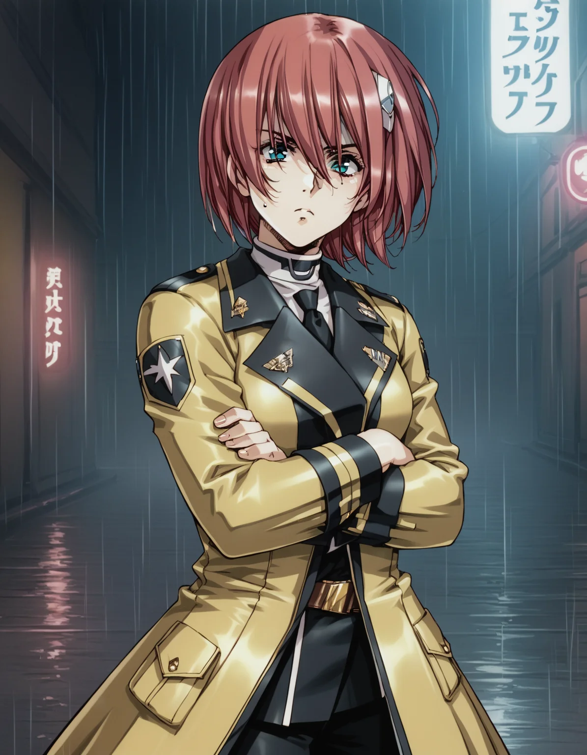 score_9, score_8_up, score_7_up
<lora:elessa-ponyxl-000130:1> elessa,
1girl, solo, military uniform, yellow coat, handgun, serious, night, rain, neon lights
