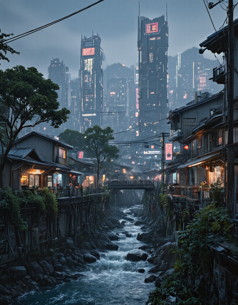 detailed realistic photo of <lora:Space_Worlds_01__Poetic_fluxbeta3:1> sw01p_flux, cyberpunk, evening, sun shades, very detailed, very narrow walkway, river, shore; futuristic, ground view, high buildings in the background, billboard on trees, signs, shop, kanji, illuminated, neon street marking, city lights, houses, vegetation,