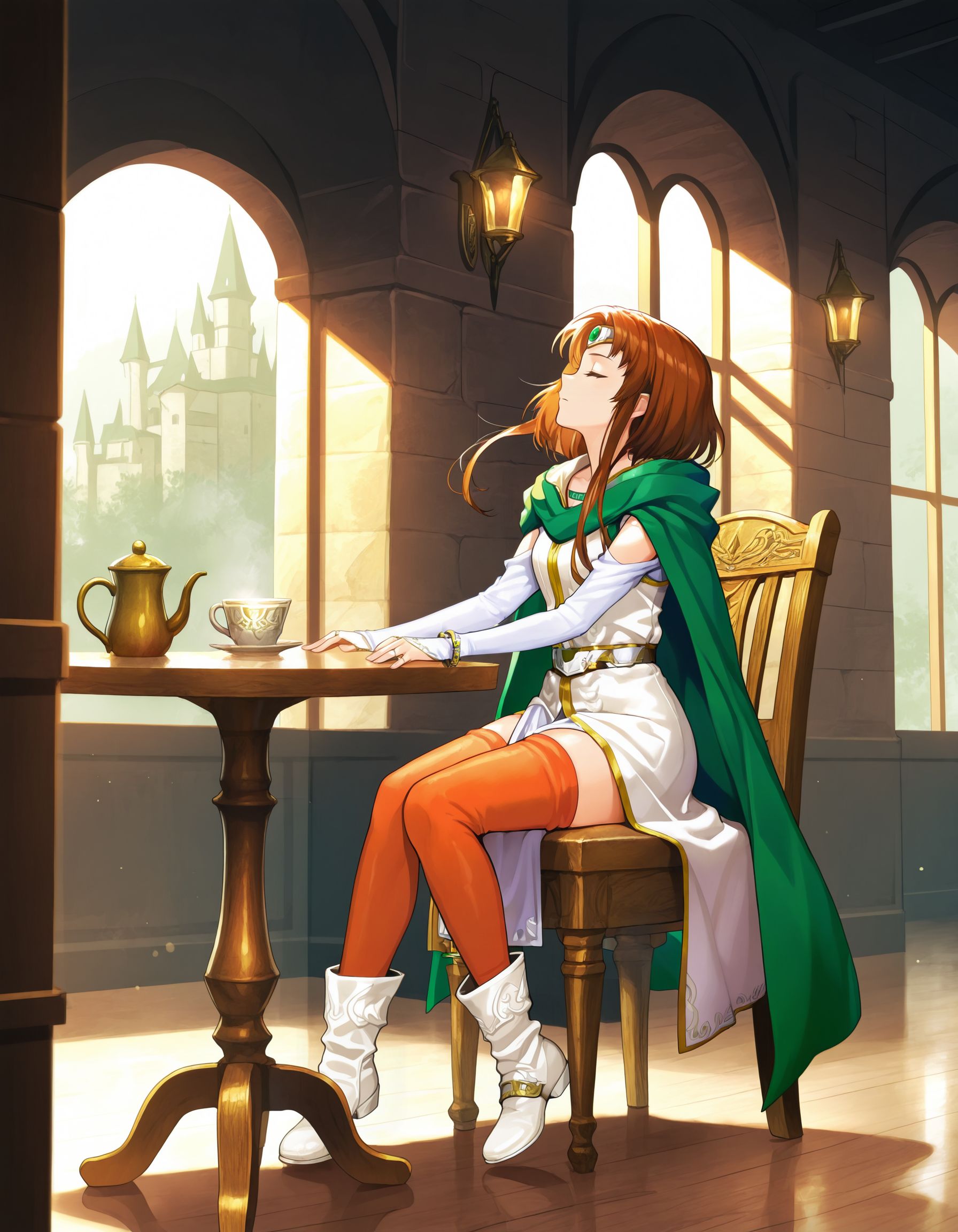 1girl,<lora:miranda feh_illustriousXL:0.8>,miranda feh,circlet,cape,bracelet,dress,pelvic curtain,thighhighs,boots,full body,sitting,on chair,closed eyes,cup on table,table,castle,indoors,looking up,from side,masterpiece,best quality,amazing quality,