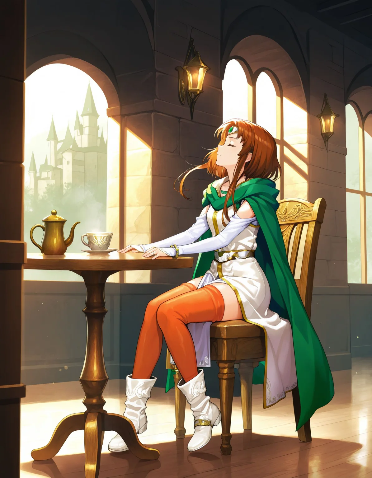 1girl,<lora:miranda feh_illustriousXL:0.8>,miranda feh,circlet,cape,bracelet,dress,pelvic curtain,thighhighs,boots,full body,sitting,on chair,closed eyes,cup on table,table,castle,indoors,looking up,from side,masterpiece,best quality,amazing quality,