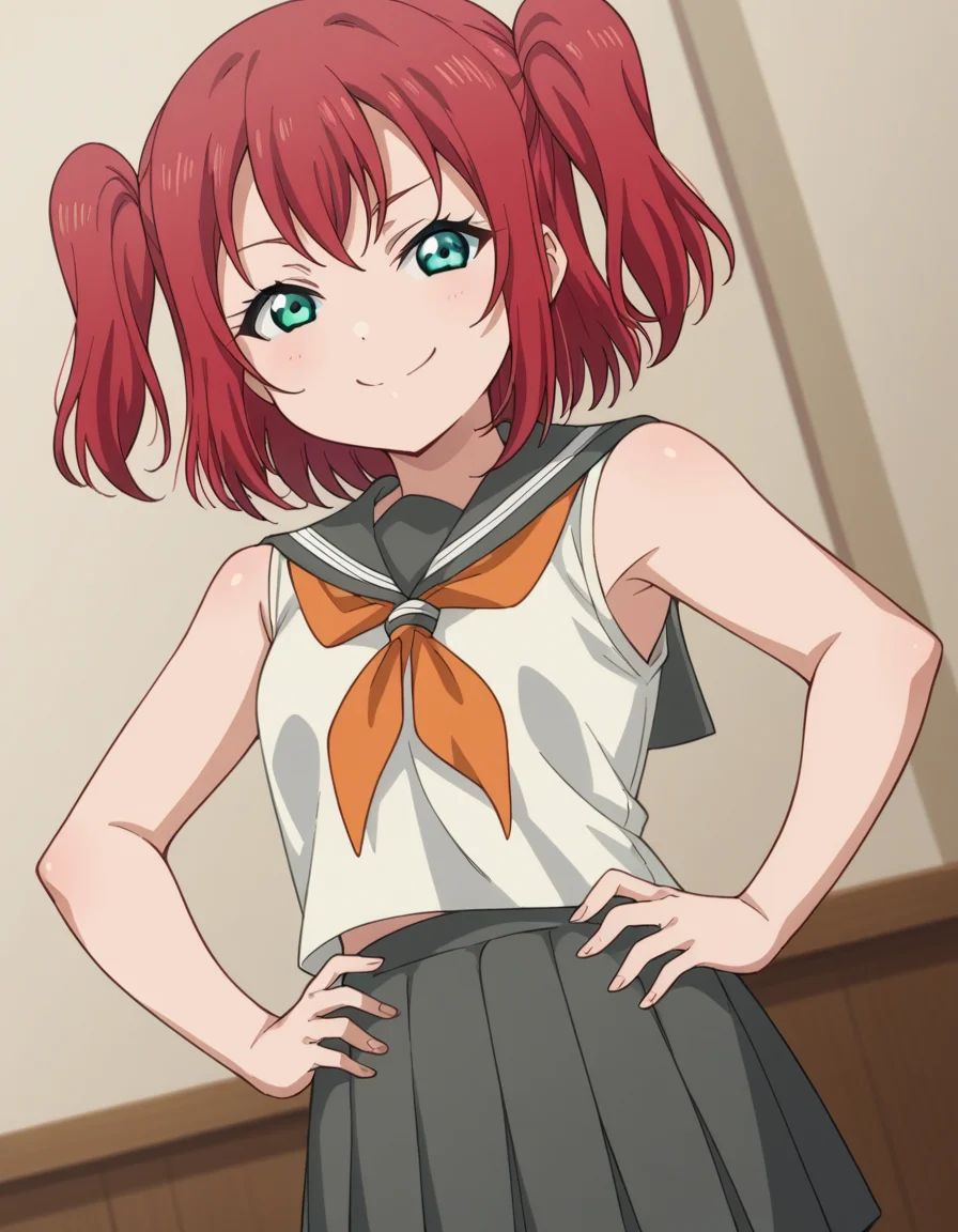 score_9, score_8_up, score_7_up, source_anime, <lora:ruby-kurosawa-s2-ponyxl-lora-nochekaiser:1>, ruby kurosawa, short hair, bangs, green eyes, red hair, aqua eyes, two side up,, shirt, school uniform, white shirt, serafuku, neckerchief, uranohoshi school uniform, orange neckerchief, sleeveless, skirt, pleated skirt, grey skirt,, indoors, smug, smile, looking at viewer, solo, hands on hips,, cowboy shot, dutch angle