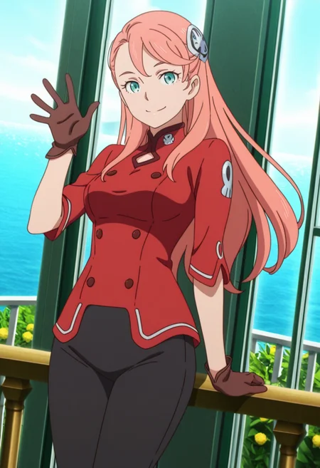 masterpiece,best quality,amazing quality, anime coloring,
greco_aida, 1girl, long hair, pink hair, hair ornament, teal eyes, lower lip, medium breasts, hips, red shirt, high collar, buttons, emblem on shoulder, brown gloves, black leggings, garden, arm support, dutch angle, railing, leaning back, window, ocean, looking at viewer, smile, waving,