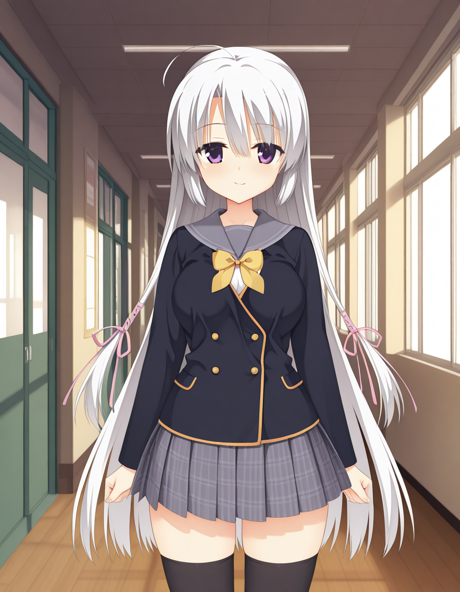 official style,Ayachi Nene,purple eyes,white hair,very long hair,ahoge,school uniform,serafuku,black jacket,plaid skirt,brack thighhighs,hallway,day,front view,straight-on,frontal face,front face,front angle shot,shoot from front,Facing directly forward, looking straight into the camera,
explicit,cell shaded,soft brightness,perfect face,perfect nose, perfect hair, perfect eyes,perfect female body,perfect skin,a face of perfect proportion,perfect lighting,perfect anatomy,perfect proportion,perfect hands,perfect legs,perfect fingers,masterpiece,hair between eyes,
big breasts,
perky breasts,best quality,very aesthetic,absurdres,16k,intricate detail,amazing quality,(bold:3.12),thick outline,black outline,harsh lines,soft lines,deluster,boldline,curvy,smile,slim,(nipples:-1),
looking at viewer,
super fine illustration,detailed linework,vibrant colors,kawaii,flat color,,(hat:-1),
 <lora:ãµããã¦ã£ããç¶¾å°_å¯§ãillustriousSANOBA_WITCHAyachi_Neneillustrious:1:0.8>