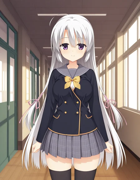 official style,Ayachi Nene,purple eyes,white hair,very long hair,ahoge,school uniform,serafuku,black jacket,plaid skirt,brack thighhighs,hallway,day,front view,straight-on,frontal face,front face,front angle shot,shoot from front,Facing directly forward, looking straight into the camera,
explicit,cell shaded,soft brightness,perfect face,perfect nose, perfect hair, perfect eyes,perfect female body,perfect skin,a face of perfect proportion,perfect lighting,perfect anatomy,perfect proportion,perfect hands,perfect legs,perfect fingers,masterpiece,hair between eyes,
big breasts,
perky breasts,best quality,very aesthetic,absurdres,16k,intricate detail,amazing quality,(bold:3.12),thick outline,black outline,harsh lines,soft lines,deluster,boldline,curvy,smile,slim,(nipples:-1),
looking at viewer,
super fine illustration,detailed linework,vibrant colors,kawaii,flat color,,(hat:-1),
<lora:ãµããã¦ã£ããç¶¾å°_寧ã
illustriousSANOBA_WITCHAyachi_Neneillustrious:1:0.8>
