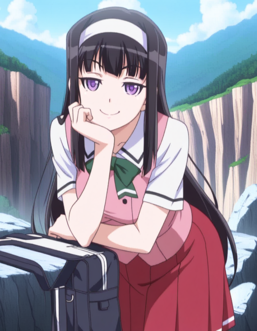 masterpiece, best quality, amazing quality,, <lora:midori-byakudan-ova-illustriousxl-lora-nochekaiser:1>, midori byakudan, long hair, black hair, purple eyes, mature female, medium breasts, anime screencap, skirt, bow, school uniform, hairband, bag, red skirt,, head rest, smug, cliff, height, rocks, nature, sky, cowboy shot, solo, looking at viewer