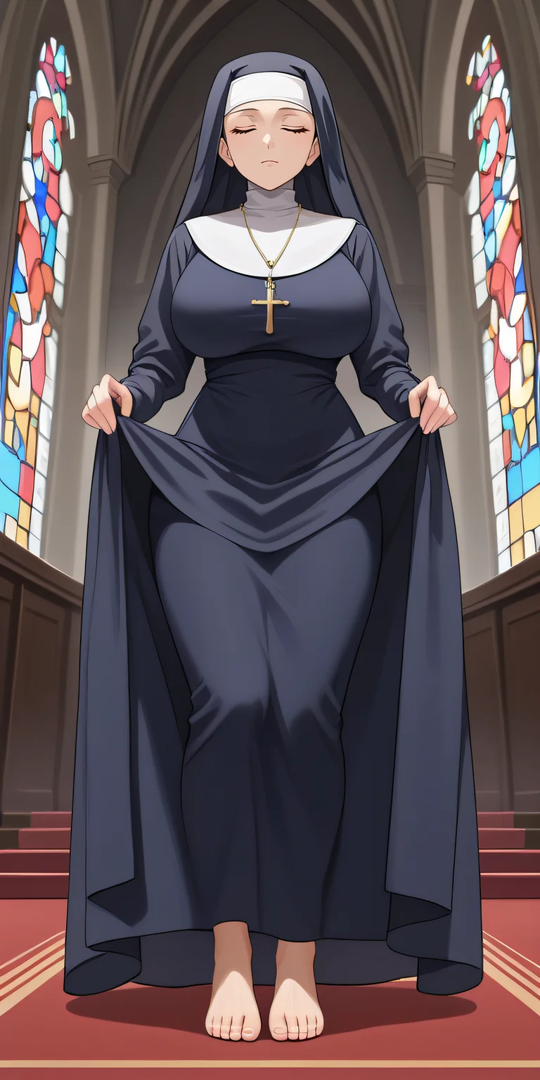 score_9, score_8_up, score_7_up, source_anime, rating_safe, intricate details, anime screencap, official style, 1girl, <lora:Anonym:1>, anonym, closed eyes, indoor, expressionless, huge breasts, nun, habit, long dress, shiny skin, full body, barefeet, feet, lifted leg, from below, standing, raised feet, lifted skirt, holding skirt