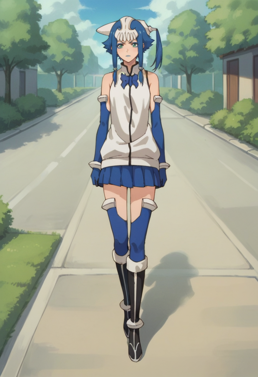 score_9,score_8_up,score_7_up,score_6_up,score_5_up,score_4_up,anime coloring BREAK source_anime,anime,<lora:Yin__Yang_BLEACH_Pony:0.7>,1girl,solo,yin,blue hair,short hair with long sidelocks,hair ornament,green eyes,blue eyeliner,blue lipstick,yin off shoulder,blue elbow gloves,blue skirt,blue thighhighs,black boots,walking,outdoors,street,looking_away,