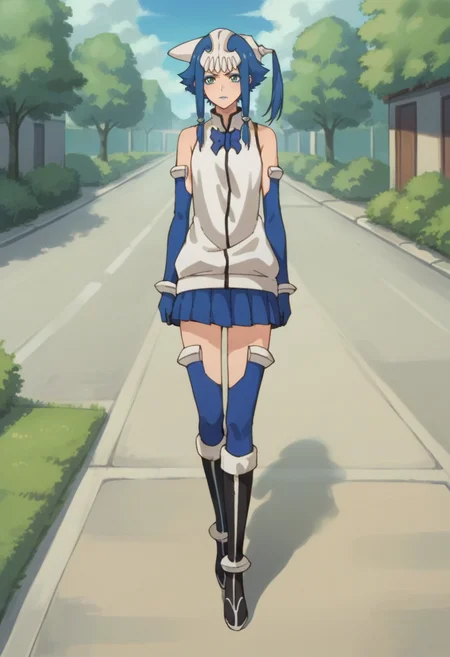 score_9,score_8_up,score_7_up,score_6_up,score_5_up,score_4_up,anime coloring BREAK source_anime,anime,<lora:Yin__Yang_BLEACH_Pony:0.7>,1girl,solo,yin,blue hair,short hair with long sidelocks,hair ornament,green eyes,blue eyeliner,blue lipstick,yin off shoulder,blue elbow gloves,blue skirt,blue thighhighs,black boots,walking,outdoors,street,looking_away,