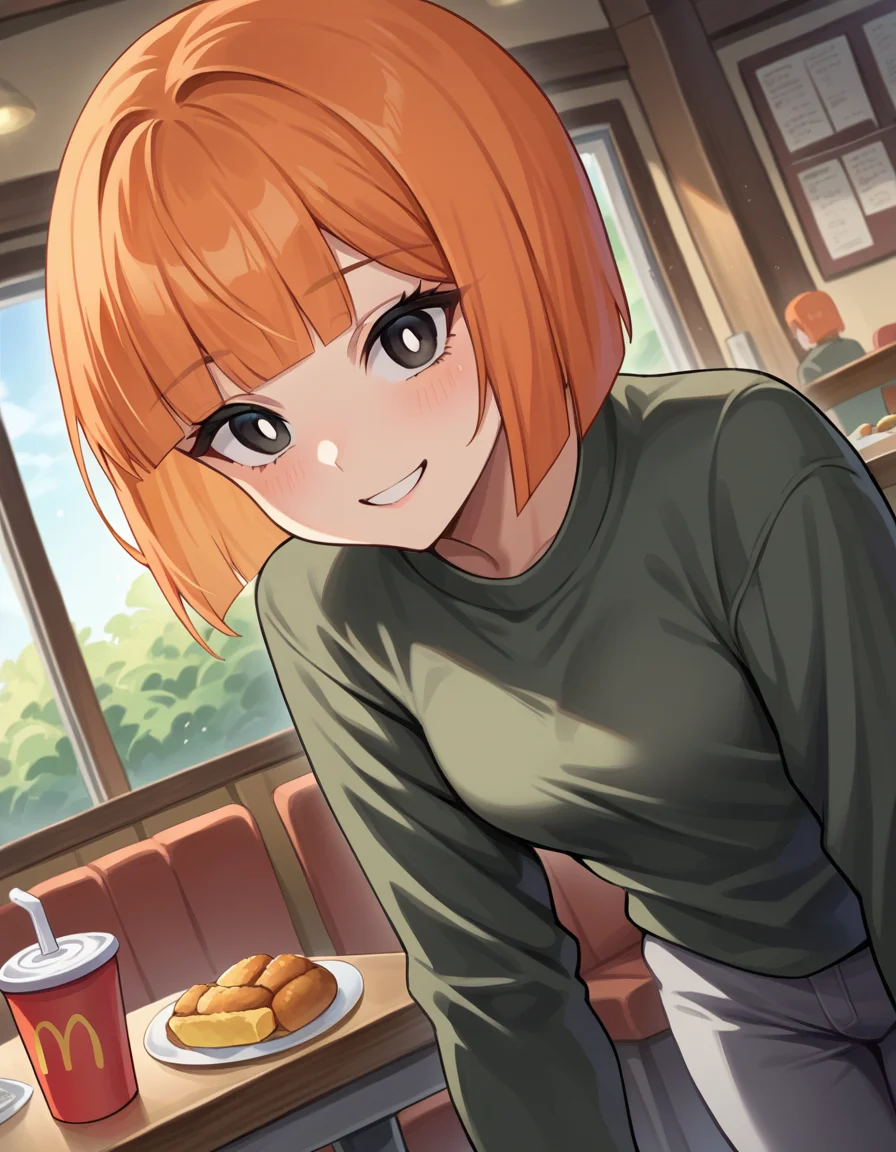 score_9, score_8_up, score_7_up, source_anime,
yorumacmother, <lora:yoru-mac-mother-ponyxl-lora-nochekaiser:1>,
yoru mac, short hair, bangs, black eyes, blunt bangs, orange hair, bob cut, bright pupils, smile,
shirt, long sleeves, pants, sweater, grey pants, black shirt,
indoors, restaurant, bent over,
looking at viewer, dutch angle, cowboy shot,