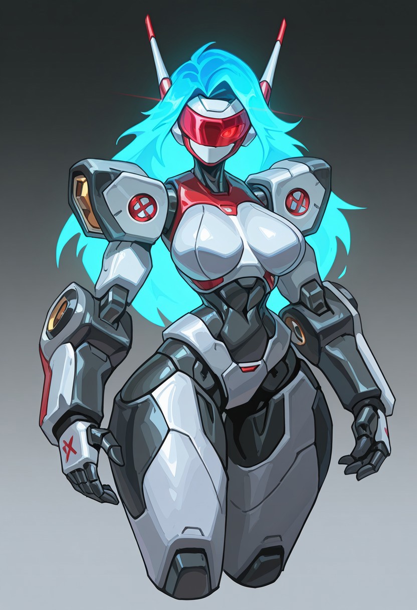 reagan_long, solo, 1girl, large breasts, robot_girl, robot visor, medical_robot, sword_arm, large robotic arms, large robotic hands, large robotic legs, large robotic feet, robot shoulders, robot armor, metalic skin, glowing hair, long hair, glowing eyes, robot antenna ears, cowboy_shot, cropped legs