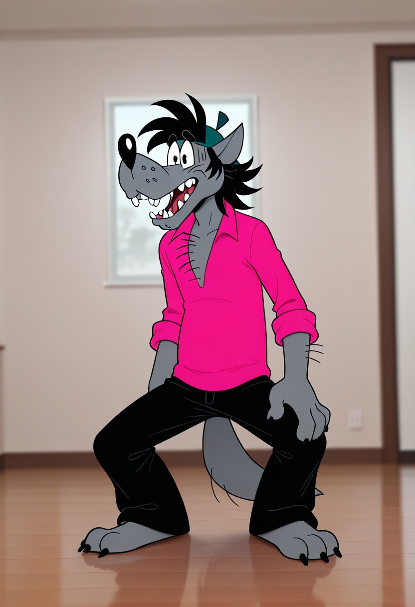 core_9, score_8_up, score_7_up, score_6_up, score_5_up, score_4_up, detailed background, detailed face, wolf, anthro, male, antro, furry, long nose, sharp teeth, thick black hair on his head, cap, hand-drawn animation, 2d, gray body, pink shirt, Sovet cartoon, black trousers