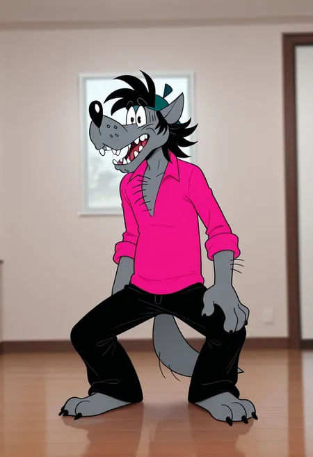 core_9, score_8_up, score_7_up, score_6_up, score_5_up, score_4_up, detailed background, detailed face, wolf, anthro, male, antro, furry, long nose, sharp teeth, thick black hair on his head, cap, hand-drawn animation, 2d, gray body, pink shirt, Sovet cartoon, black trousers