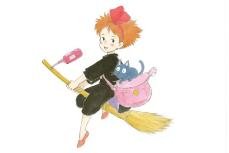 hayaomiyazaki2 illustration.
A young girl, Kiki, with orange spiky hair wearing a black outfit and red bow, riding a yellow broomstick with a portable radio. She has a pink sack with a yellow button and a small blue cat with large eyes on top of the sack. <lora:hayaomiyazaki2_cap_d8a4:1.0><lora:861017837542632178:0>