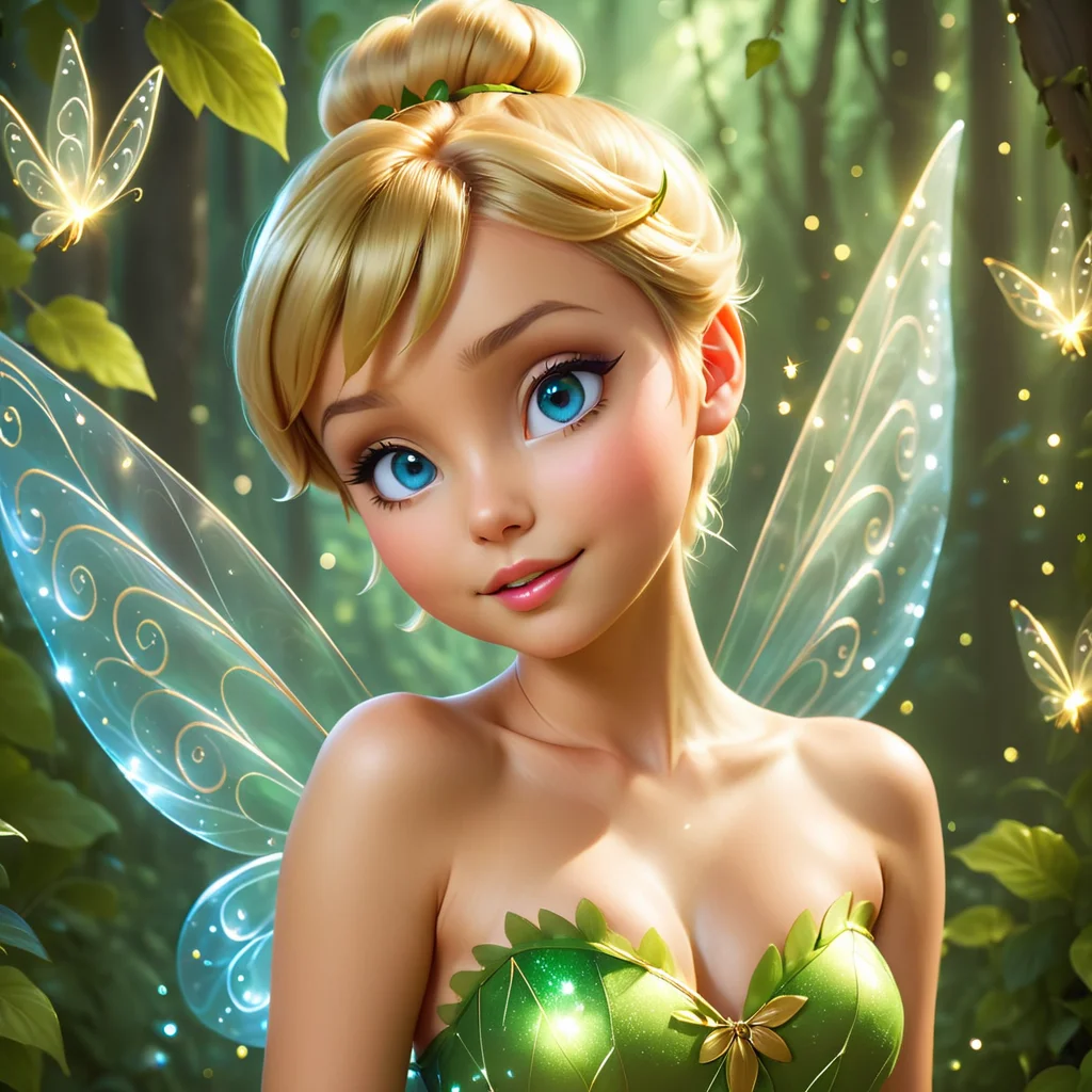 score_9, score_8_up, score_7_up, absurd-res, high-res, masterpiece, best quality, amazing quality, ((realistic)), 1girl, Tinker Bell, full-body portrait, hovering in mid-air with a sexy and seductive pose, head tilted slightly with a mischievous smirk, sparkling blue eyes making direct eye contact, delicate translucent fairy wings glowing with golden light, wearing her skin tight classic short green leaf dress, elegant bare shoulders, toned legs, toned arms, toned abbs, small perfect perky breasts, soft golden skin with a gentle shimmer, blonde hair in a stylish bun with loose strands framing her face, surrounded by glowing pixie dust, forest background with magical lighting, vibrant glowing plants and flowers, sexy and seductive atmosphere, cinematic lighting, ultra detailed textures, soft focus background, fantasy illustration style, 4K resolution, high detail, sensual but tasteful, confident and feminine energy dynamic angle, dynamic pose, hdr, sparkles, light particles, volumetric lighting, dark background <lora:More_interesting_backgrounds:1>  <lora:Tinkerbell_-_Disney_Illustrious:1>