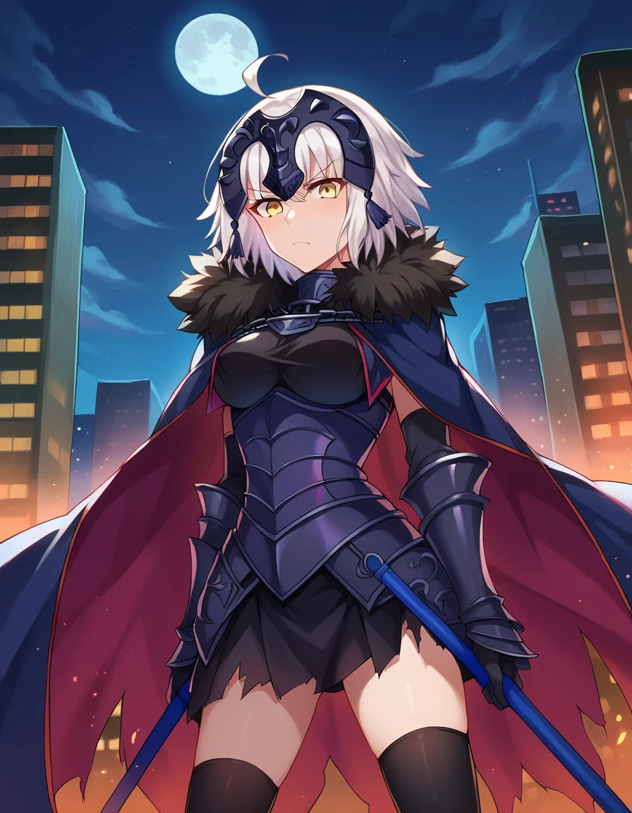 score_9, score_8_up, score_7_up, source_anime,
jalter, <lora:jeanne-darc-alter-ponyxl-lora-nochekaiser:1>,
jalter, white hair, yellow eyes, ahoge,
short hair, headpiece, armor, armored dress, black thighhighs, cape, dress, fur trim, fur-trimmed cape, scowl, sheath, short dress, thighhighs, torn clothes,
outdoors, cityscape, night, moon,
looking at viewer, dutch angle, cowboy shot,