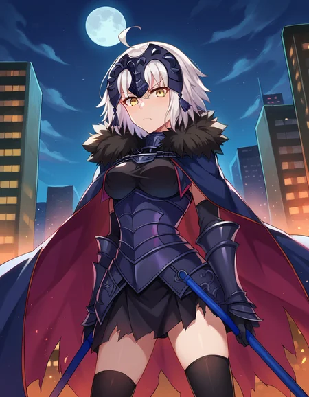 score_9, score_8_up, score_7_up, source_anime,
jalter, <lora:jeanne-darc-alter-ponyxl-lora-nochekaiser:1>,
jalter, white hair, yellow eyes, ahoge,
short hair, headpiece, armor, armored dress, black thighhighs, cape, dress, fur trim, fur-trimmed cape, scowl, sheath, short dress, thighhighs, torn clothes,
outdoors, cityscape, night, moon,
looking at viewer, dutch angle, cowboy shot,