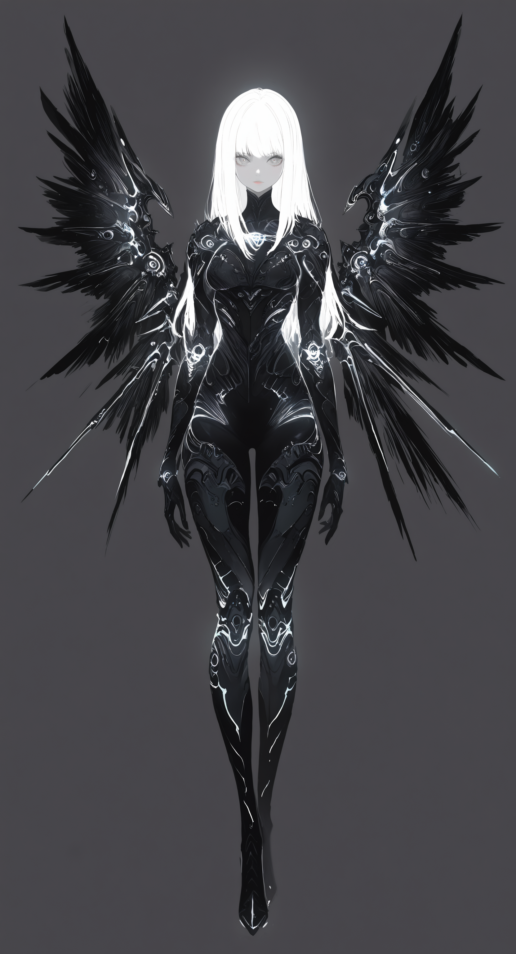 masterpiece, best quality, good quality, very awa, newest, highres, absurdres, 1girl, solo, long hair, looking at viewer, simple background, closed mouth, standing, full body, white hair, wings, grey background, armor, grey eyes, lips, bodysuit, black wings, arms at sides, mechanical wings, limited palette, sketch, glowing, psychedelic, <lora:illustriousXL_stabilizer_v1.23:0.3> <lora:NOOB_vp1_detailer_by_volnovik_v1:0.3> <lora:ponyv6_noobE11_2_adamW-000017:0.3> <lora:114558v4df2fsdf5:0.7> <lora:XXX667:0.5> <lora:mon_monmon2133:0.6>