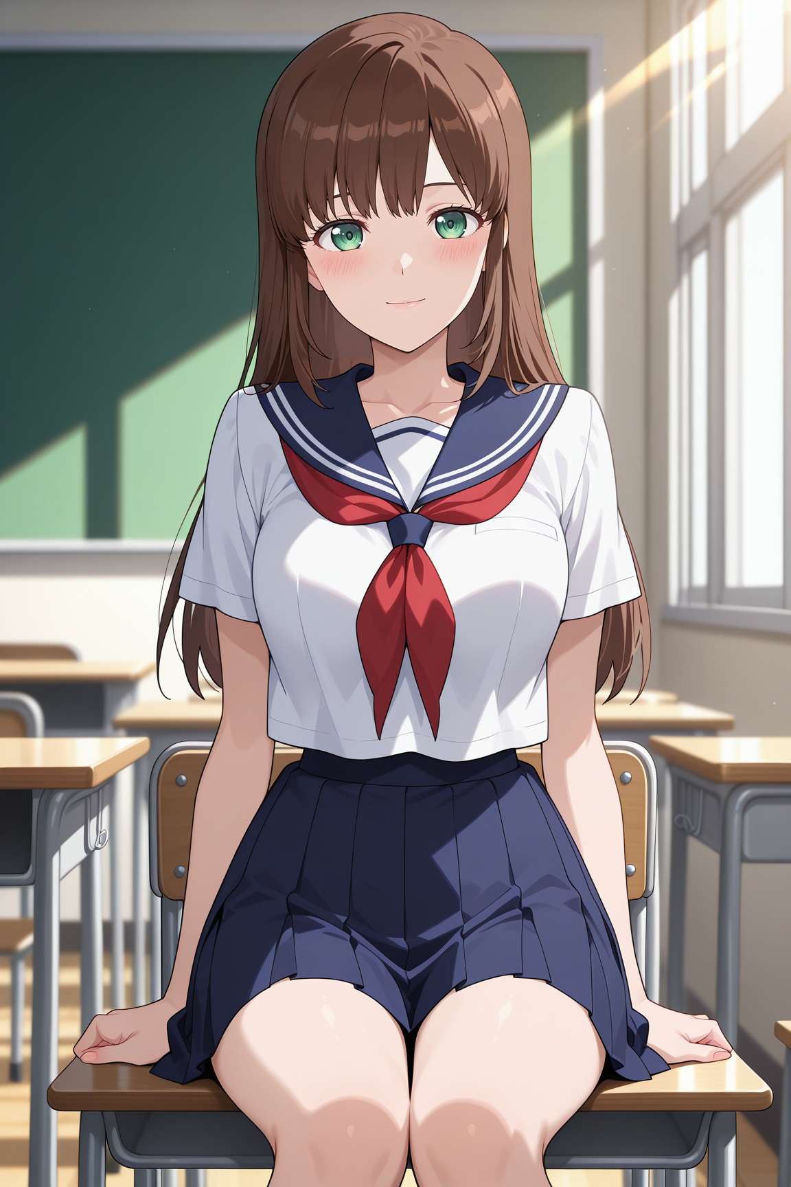 masterpiece, best quality, absurdres, highres, source anime, very aesthetic, very awa, BREAK, anime coloring, anime screencap,
 <lora:tachibana_hina_v1-illustrious:1>, 1girl, tachibana hina, domestic na kanojo, green eyes, brown hair, 
school uniform, serafuku, classroom, sitting, sunbeam, 
BREAK, looking at viewer, light smile, blush,
BREAK,