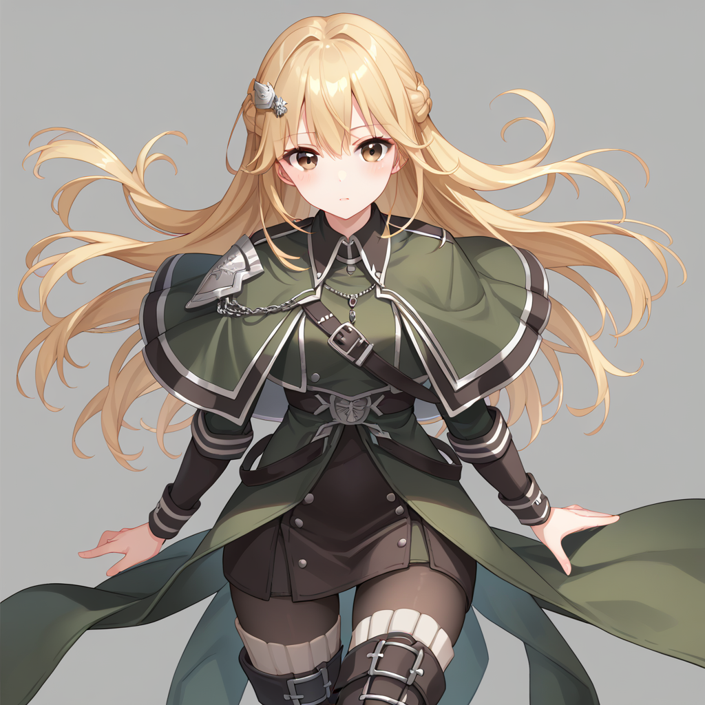 score_9, score_8_up, score_7_up, simple background, looking at viewer,
1girl, exosister elis, blonde hair, brown eyes, hair ornament, capelet, pantyhose, thigh boots, 
<lora:exosister_elis_pony_v1:0.6>