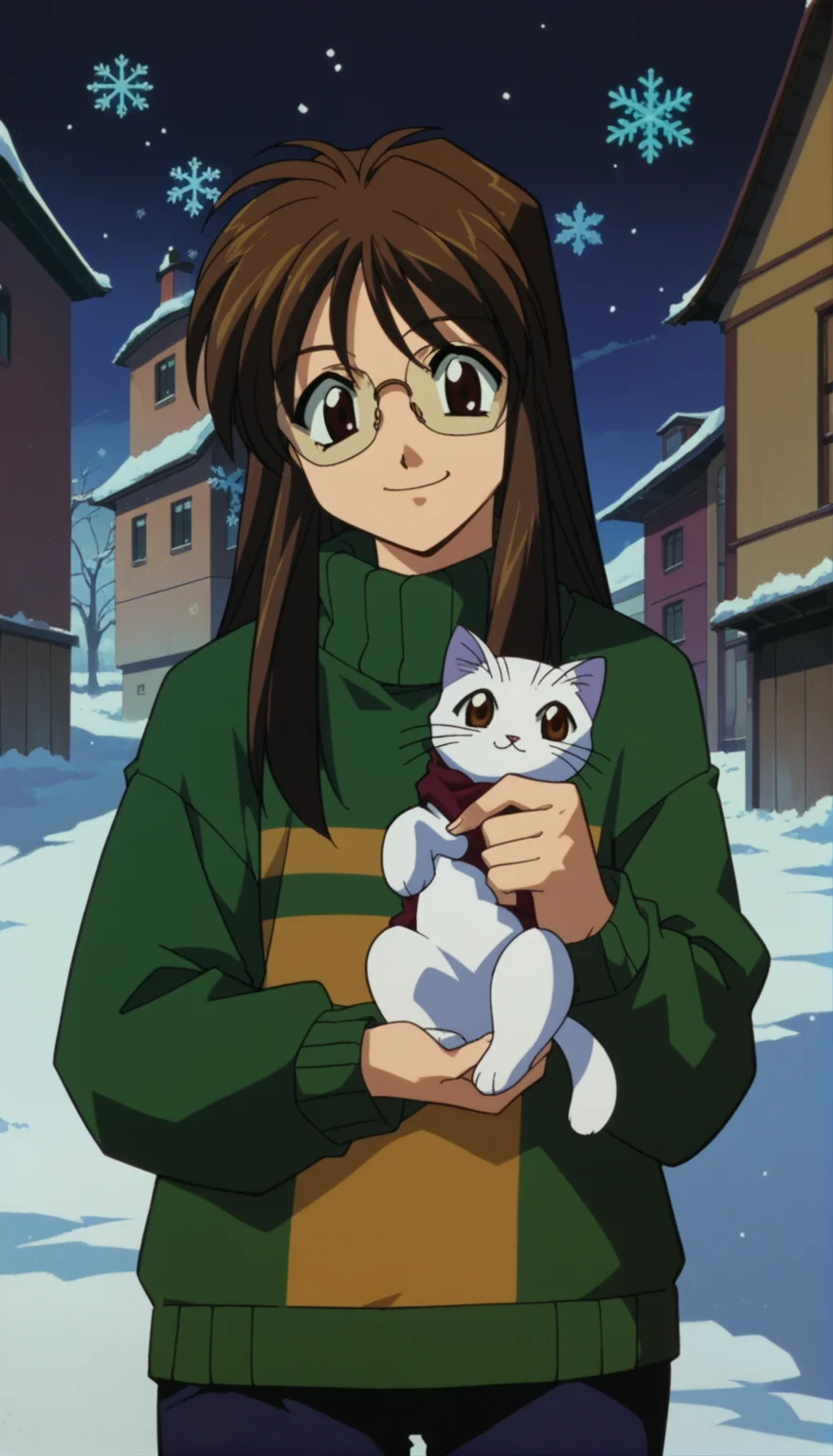score_9,score_8_up,score_7_up,Nikaido Yoriko Pony,1990s \(style\),1girl,solo,brown hair,glasses,long hair,brown eyes,pants,sweater,<lora:Nikaido Yoriko Pony:0.9>,winter,snowflakes,light smile,holding cat,cowboy shot,
