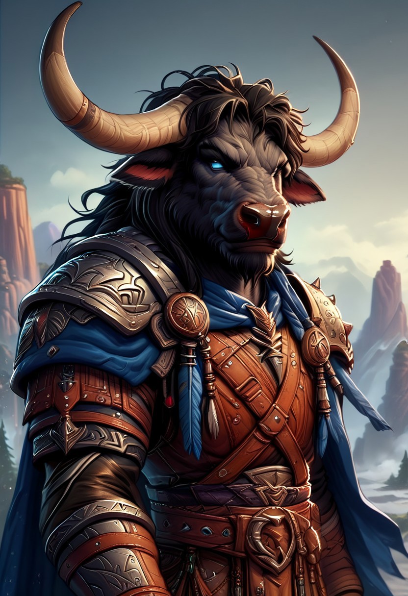 Solo, portrait, male, Minotaur, blue eyes, black hair, black fur, black body, smirk, leather armor, warlock armor, blue cape, curved bull horns, bull tail, anthro bull