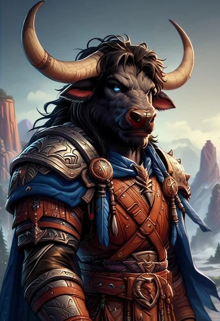 Solo, portrait, male, Minotaur, blue eyes, black hair, black fur, black body, smirk, leather armor, warlock armor, blue cape, curved bull horns, bull tail, anthro bull