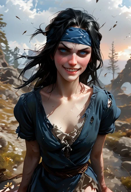 score_9, score_8_up, score_7_up,  BREAK, source_manga, source anime, (((dynamic pose, talking to viewer, flushed, jolly))), game, 3d game, skyrim game style, (((cracking knuckles,  perfect hands, perfect fingers))), cg render
BREAK
8K, detailed, s deathly pale white female nord of about 30 years old with pale greyish blue eyes with bags under them.  She has messy black hair falling over a dirty blue headband bandana, slightly toned arms and legs, and is holding two medieval daggers.  She has small breasts and wears a tattered blue medieval dress with the sleeves ripped off and the hem cut high.  
BREAK
Skyrim rolling hills background in sunset, skyrimlandscapes