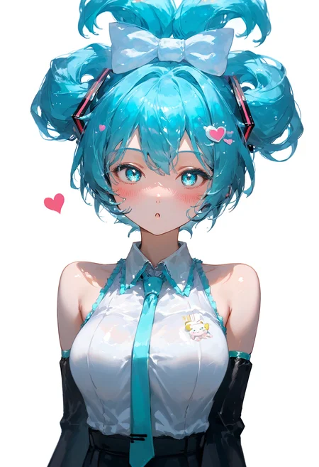 , ,,,, masterpiece, perfect,
(score_10, score_9,score_8_up,score_7_up), (shiny skin, smooth skin:1.2), source anime, anime, explicit rating,(cinemagraph,face focus,wide hips:1.3),
(dark theme, low light, concept art, realistic, :1.0),
looking at viewer, 1girl, 1r1d3sc3nc3 , white background,, , blush, dynamic pose, , busty, breasts, slim waist, ,, , hatsune miku, bangs, updo, heart hair ornament, bare shoulders, collared shirt<lora:1r1d3sc3nc3XLP:0.6>,<lora:BustyFC-pdxl:1>,<lora:å鳿ªæ¥çæ¡çHatsune_Miku:1>