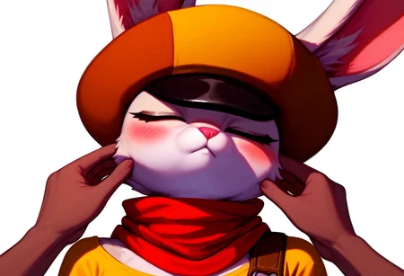 score_9, score_8_up, score_7_up, 1girl, solo, Expressiveh, (Sorrel, Sorrel, bunny girl, furry, anthro, headwear, orange and brown cap, hat, bunny ears, eyes closed, pink nose, red scarf, yellow shirt), female focus, white background, (pinching, pov hands), shy, blushing, simple background, 4k, masterpiece, best quality, highly detailed, realistic