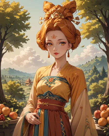score_9, score_8_up, score_7_up, 1girl, wearing tangfa, tangfa clothes, updo, orange yellow red, fruit trees, fluffy clouds, waist up, painted fan, masterpiece, highest quality, absurdres, (extremely detailed,best quality:1.1), detailed face, detailed hair, digital art, anime <lora:TangFashion_XL:1>, <lora:OtherStyle_08-Merge5_06_04_02_02:1>